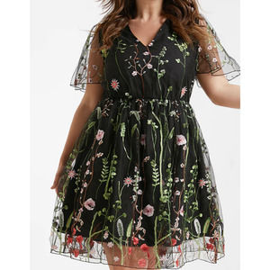 BLOOMCHIC SZ 18-20 Black Mesh Embroidered Elastic Waist Flutter Dress NWT B159